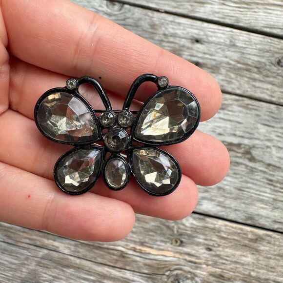 Vintage Butterfly Brooch Black and Clear Rhinestone Butterfly Pin - Picture 1 of 2